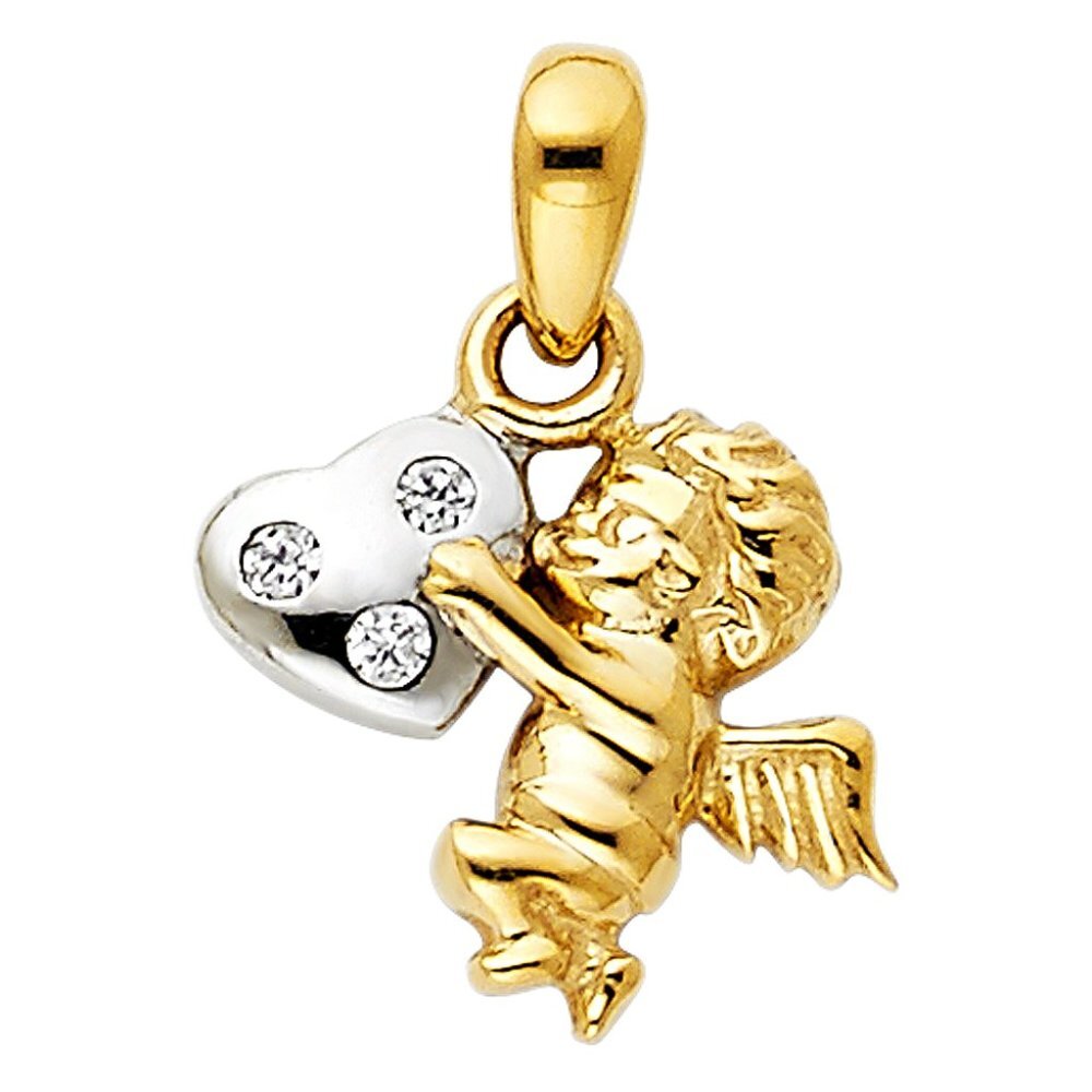 14K Gold Tri Color CZ Angel Heart Pendant - Picture 2 of 3